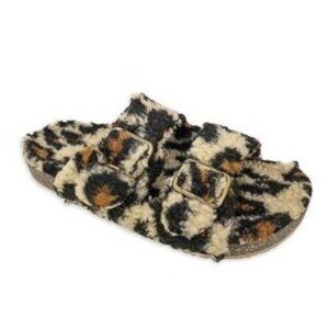 Secret Treasures Double Buckle Plush Two-Band Slide Sandals Size 11 Leopard Prin